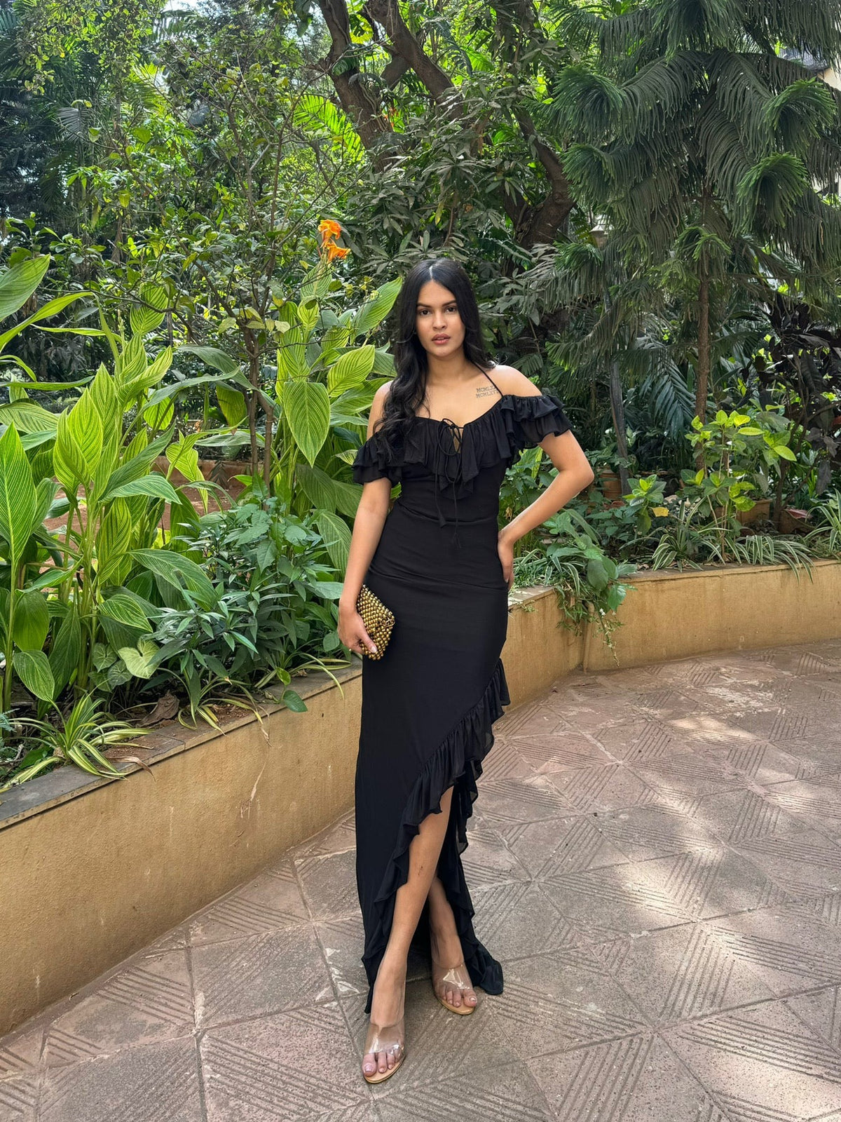 Black Lycra Ruffle Dress