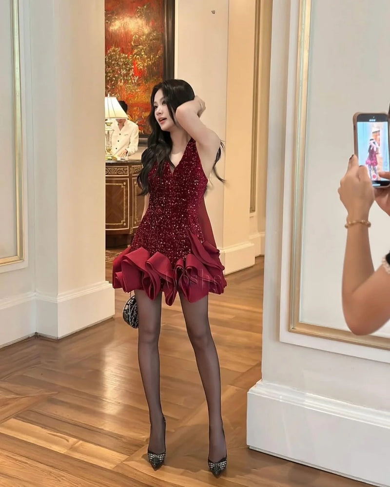 Cherry Sequin Halter Neck Waves Dress