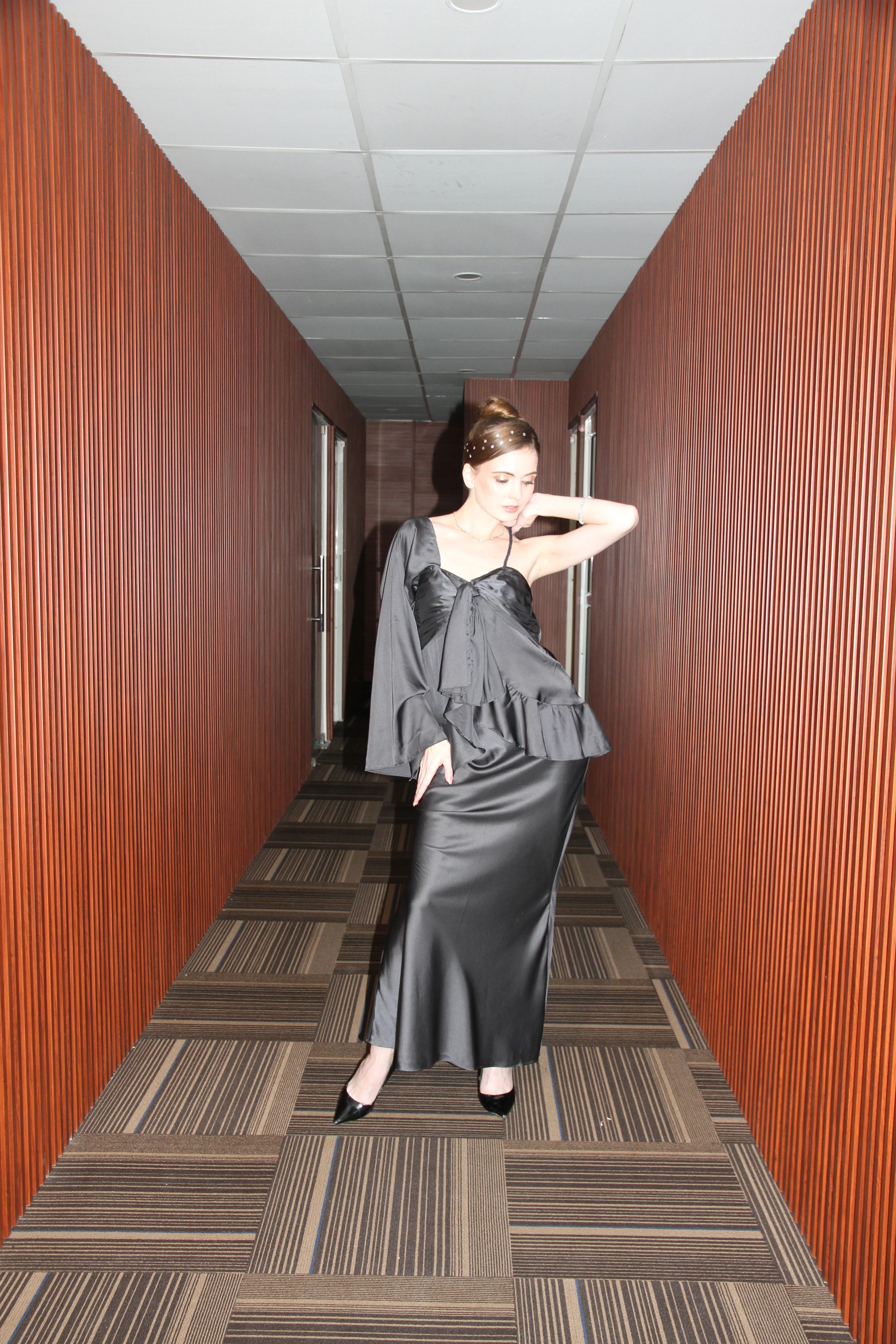 Black Satin Eclipse Asymmetric Ruffle Co-ord