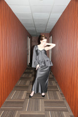 Black Satin Eclipse Asymmetric Ruffle Co-ord