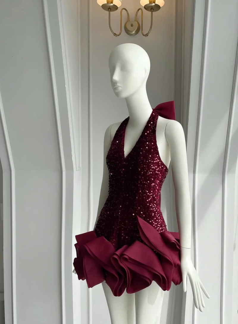 Cherry Sequin Halter Neck Waves Dress