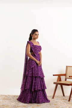 Floral Printed Ruffle Pre-Draped Saree