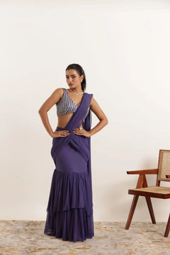 Grape Ruffle Lehenga Saree Set with Embellished Blouse