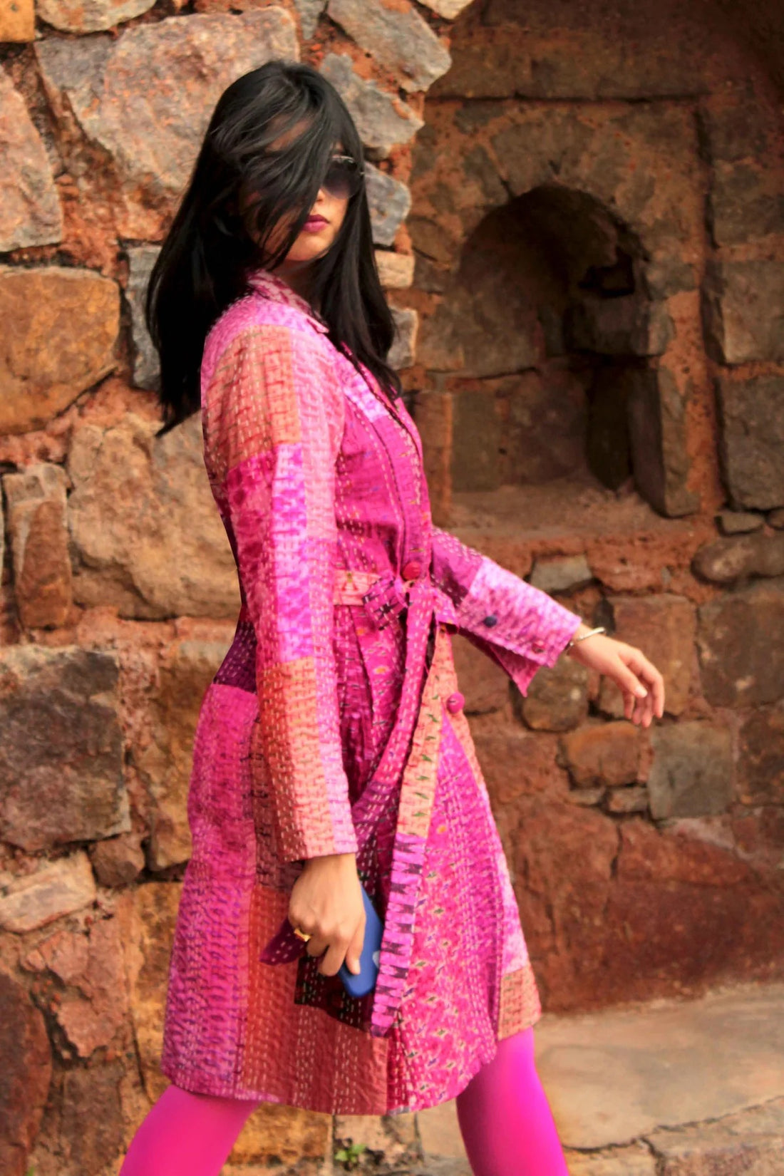 Patola Silk Kantha Patchwork Trench Coat