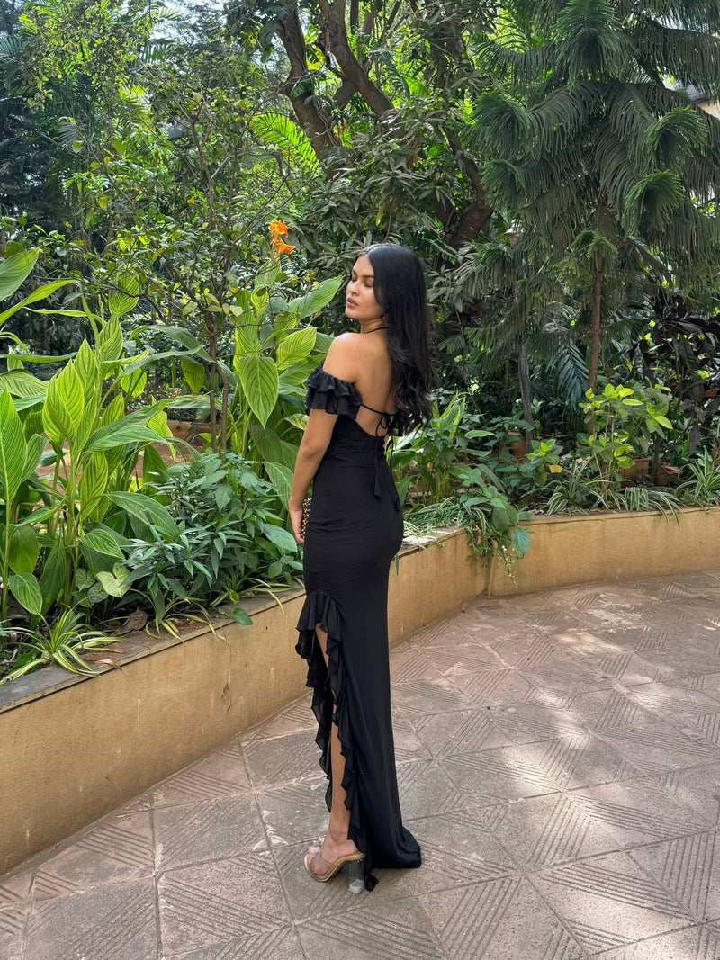 Black Lycra Ruffle Dress