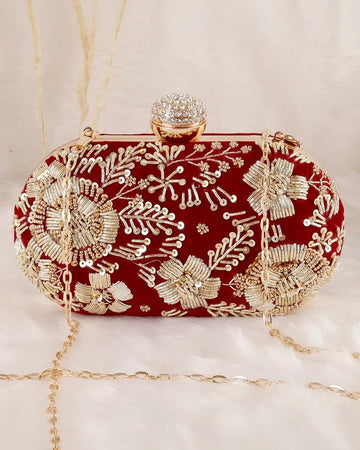 Dark Red Embroidered Clutch Bag