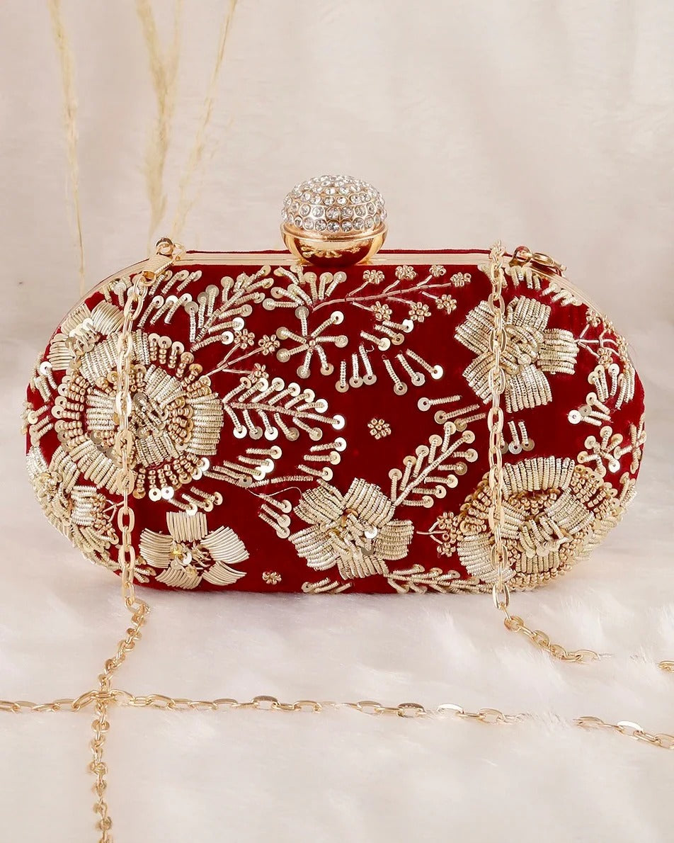 Dark Red Embroidered Clutch Bag