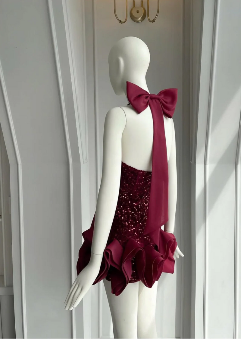Cherry Sequin Halter Neck Waves Dress