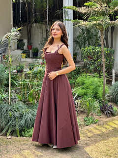 Brown Stretch Cotton Corset Dress Set
