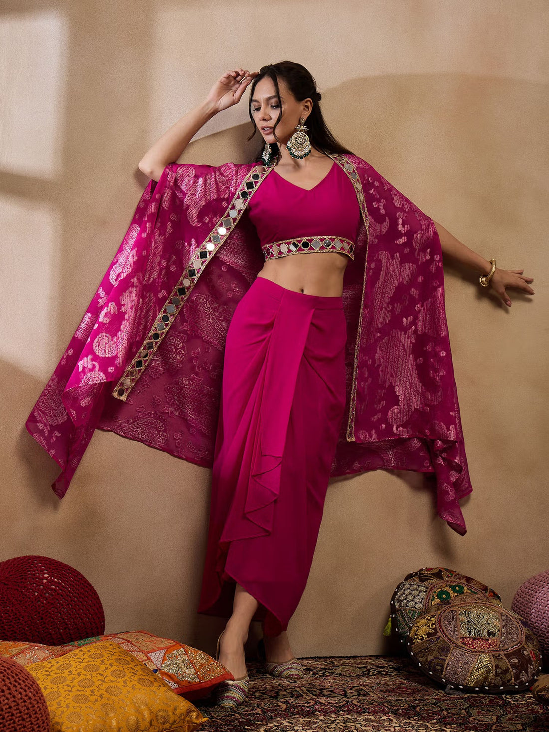 Pink Woven Mirror Work Crop Skirt Set