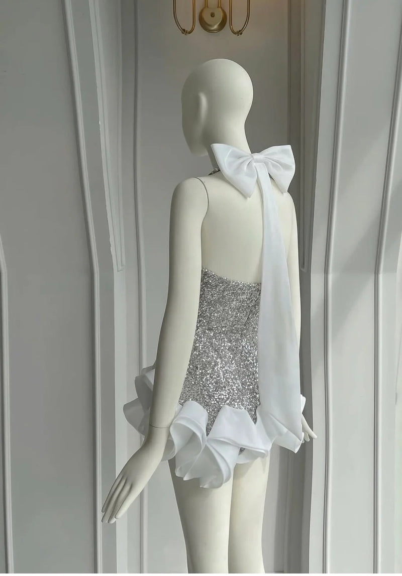 Cherry Sequin Halter Neck Waves Dress