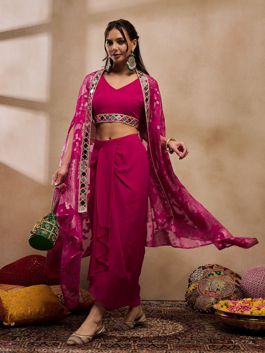 Pink Woven Mirror Work Crop Skirt Set