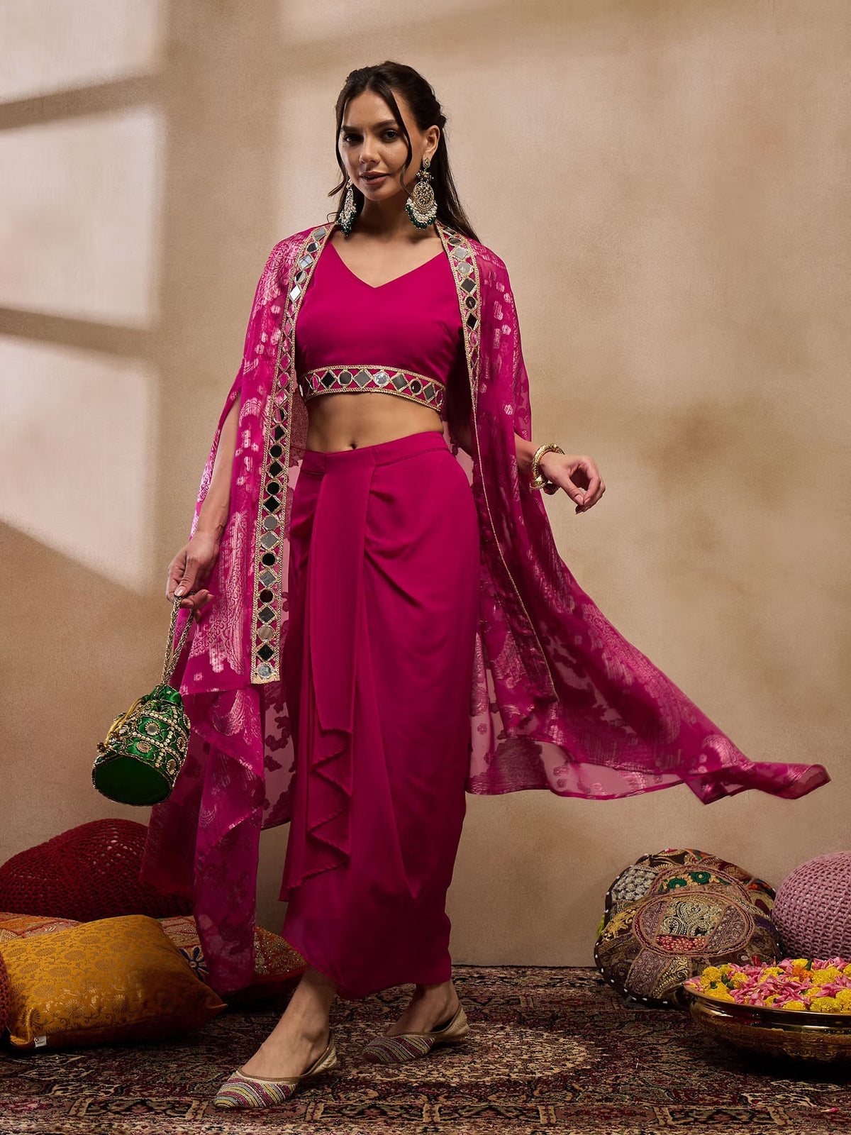 Pink Woven Mirror Work Crop Skirt Set