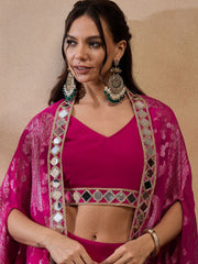 Pink Woven Mirror Work Crop Skirt Set