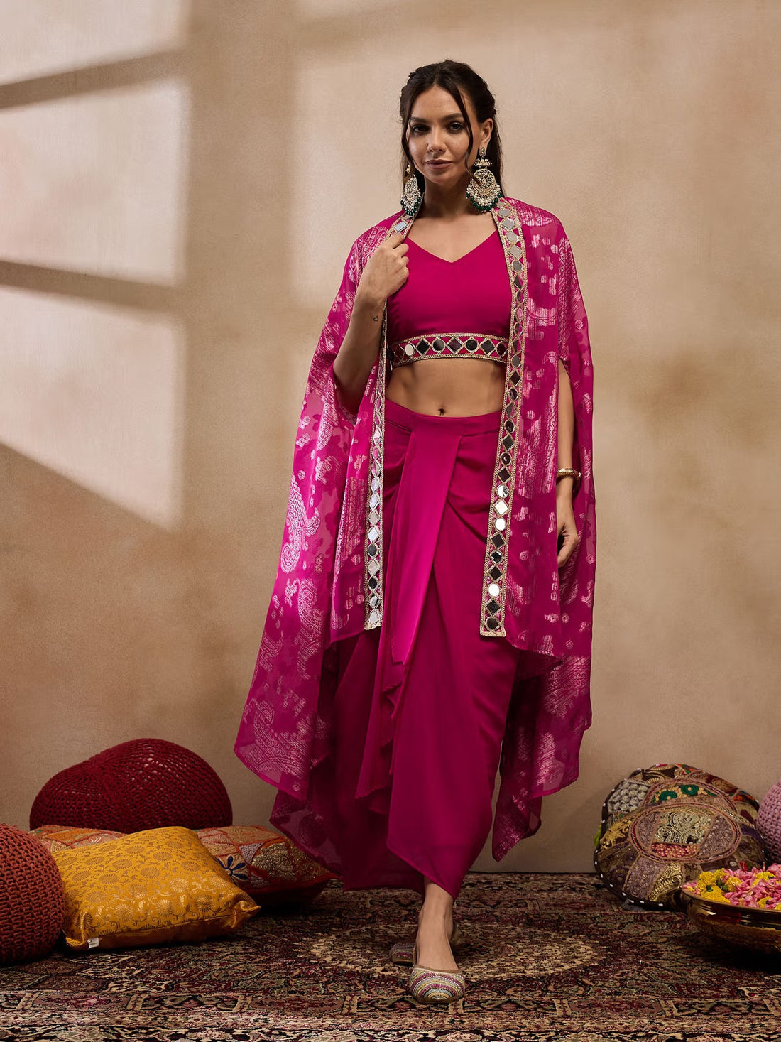 Pink Woven Mirror Work Crop Skirt Set