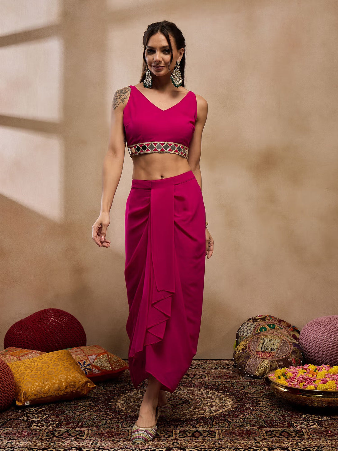 Pink Woven Mirror Work Crop Skirt Set