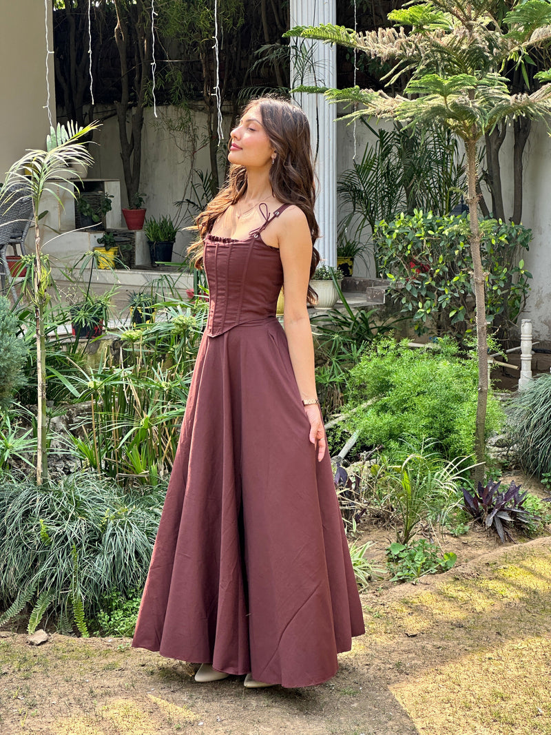 Brown Stretch Cotton Corset Dress Set