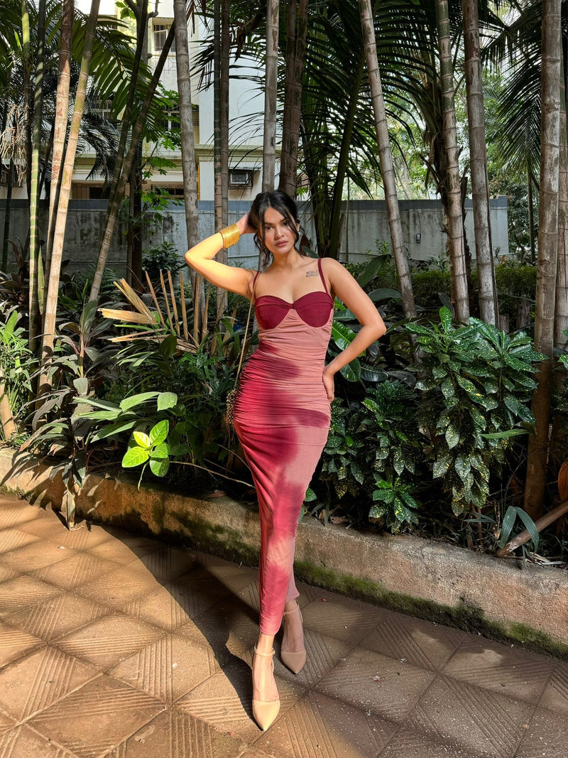 Coral Lycra Ruched Fusion Dress