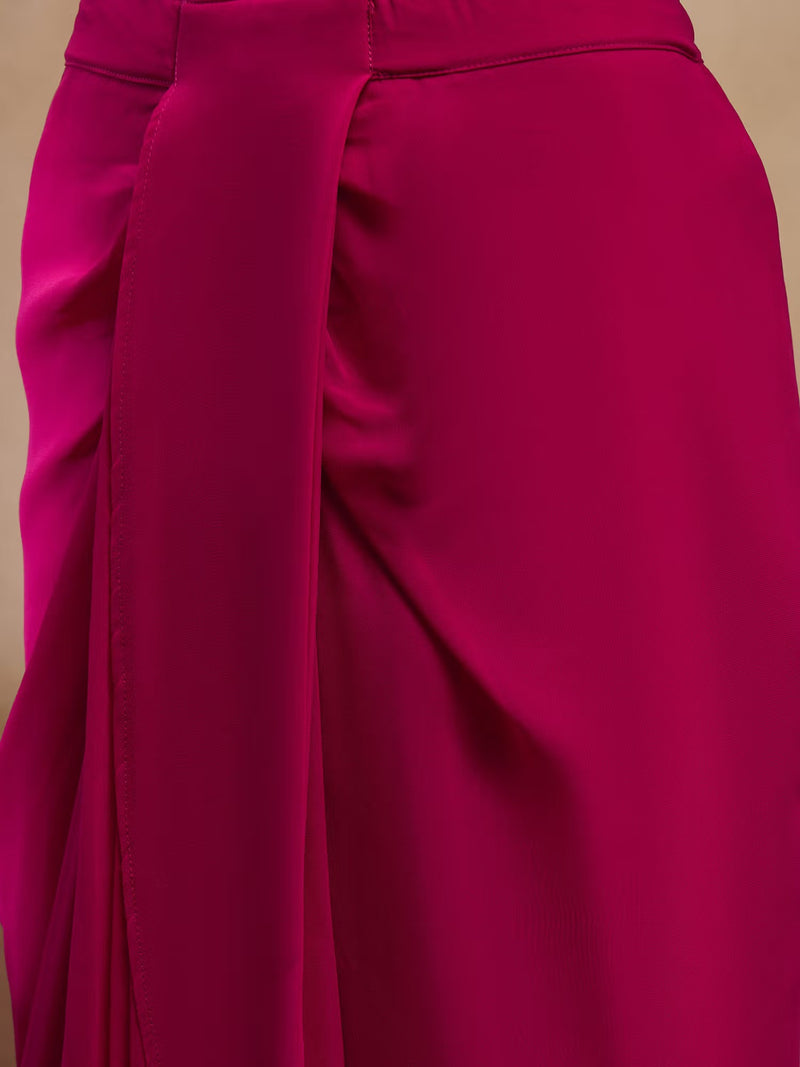 Pink Woven Mirror Work Crop Skirt Set