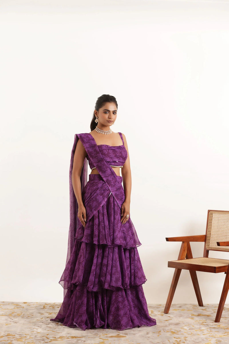 Floral Printed Ruffle Pre-Draped Saree