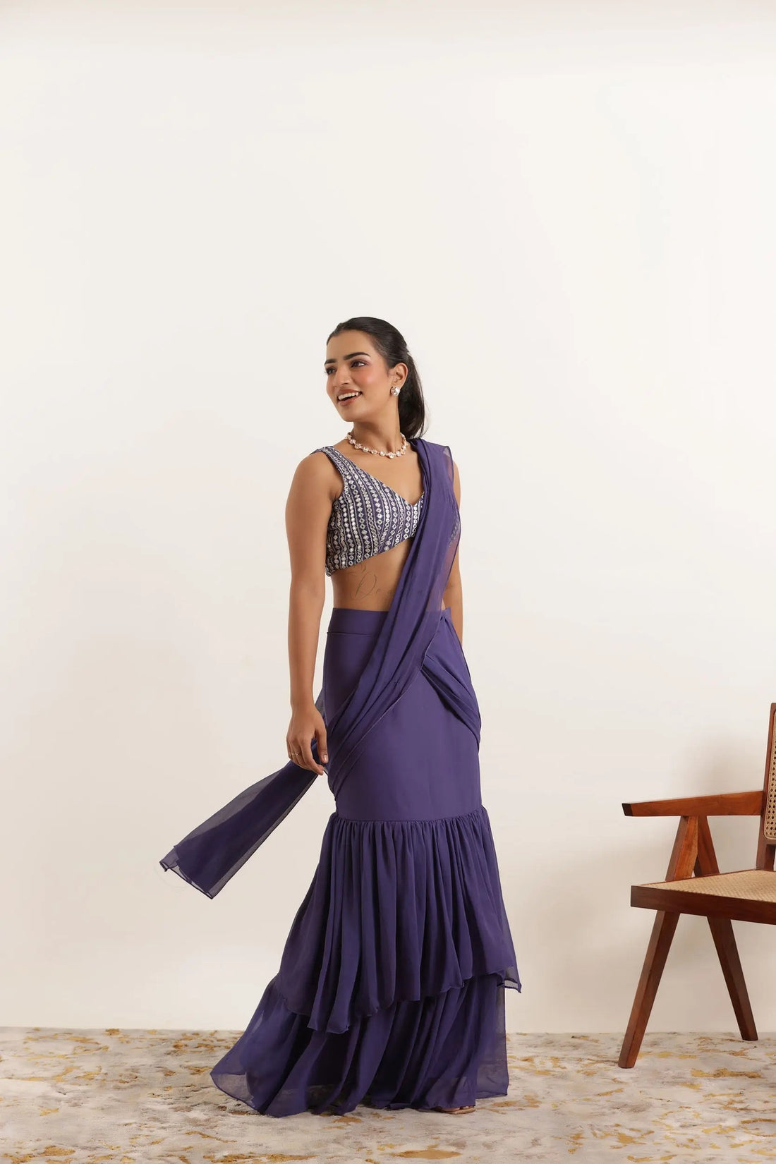 Grape Ruffle Lehenga Saree Set with Embellished Blouse