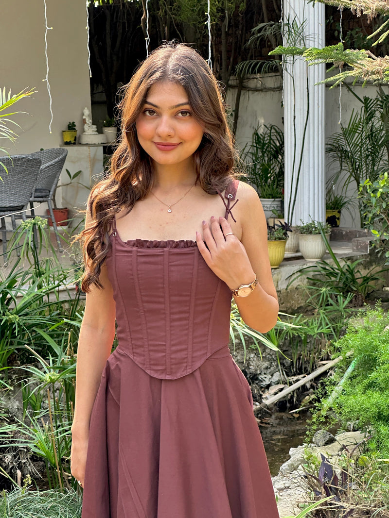 Brown Stretch Cotton Corset Dress Set