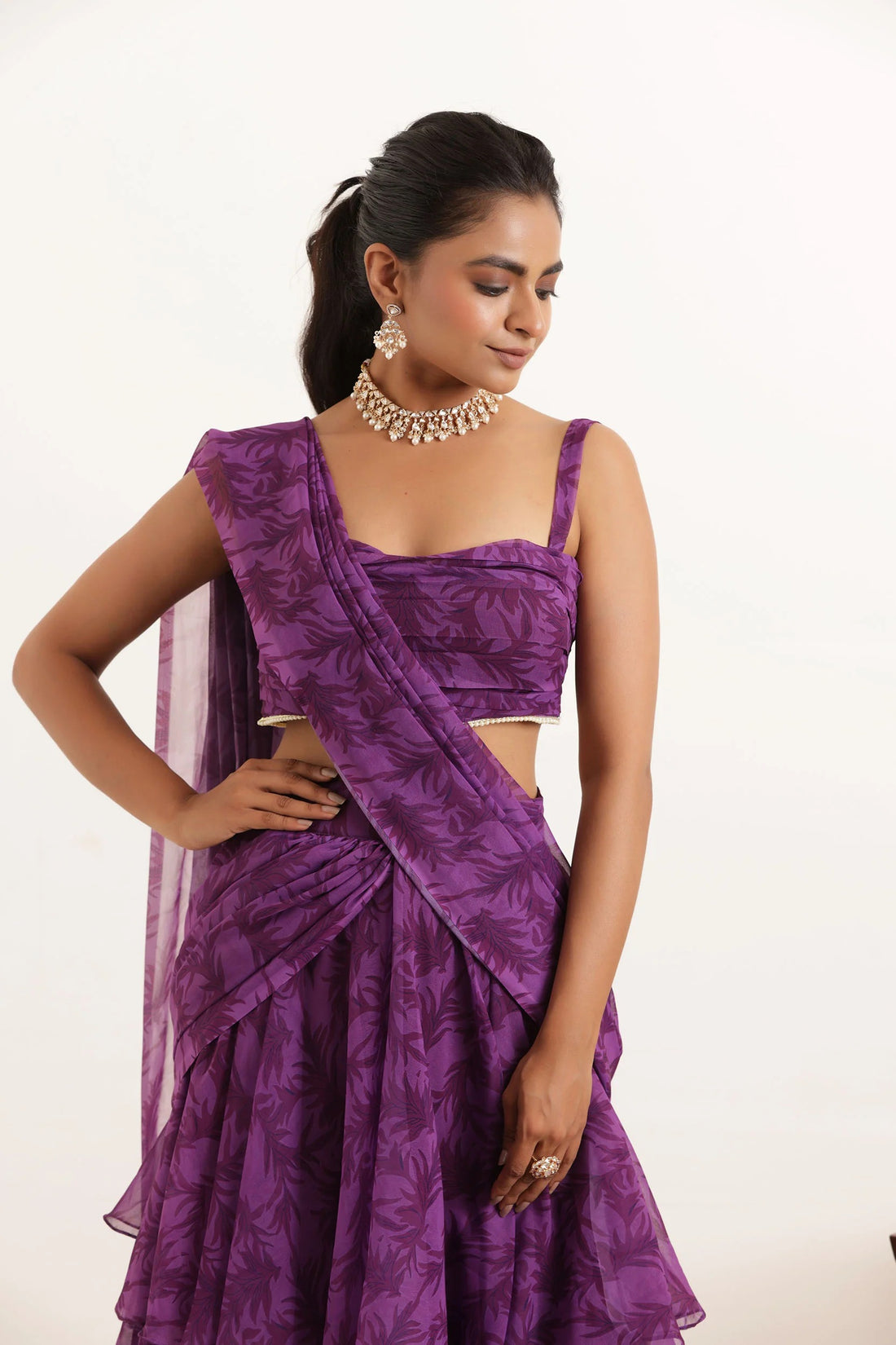 Floral Printed Ruffle Pre-Draped Saree