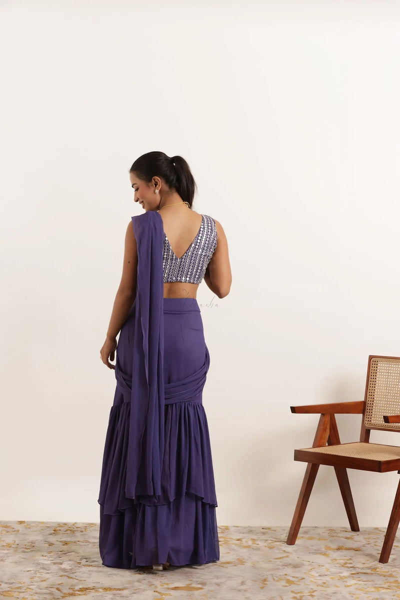 Grape Ruffle Lehenga Saree Set with Embellished Blouse