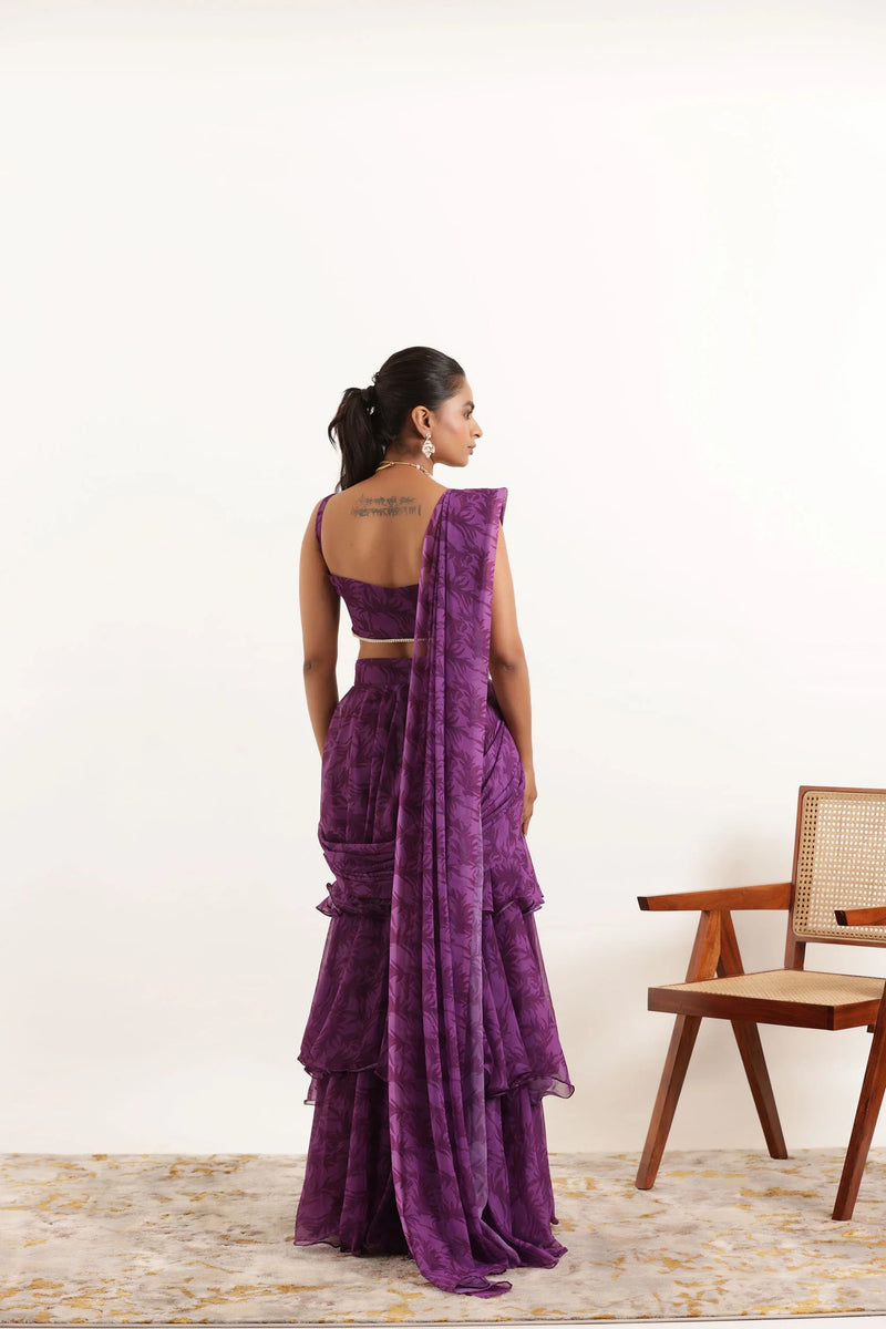 Floral Printed Ruffle Pre-Draped Saree