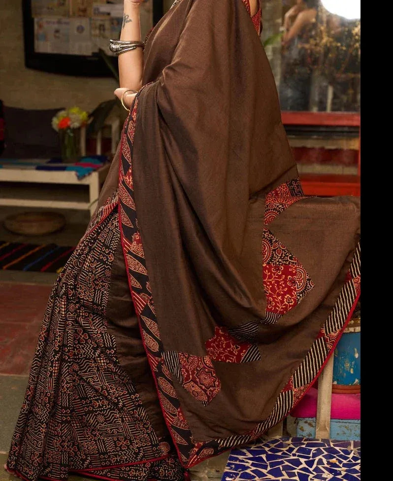 Brown Cotton Ajrakh Saree with Patchwork