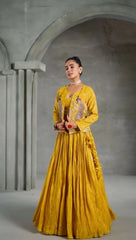 Yellow Chinon Sequins Work Lehenga Set