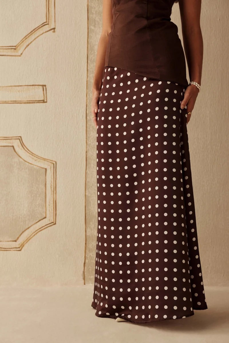 Chocolate Brown Hammer Satin Polka Dot Skirt