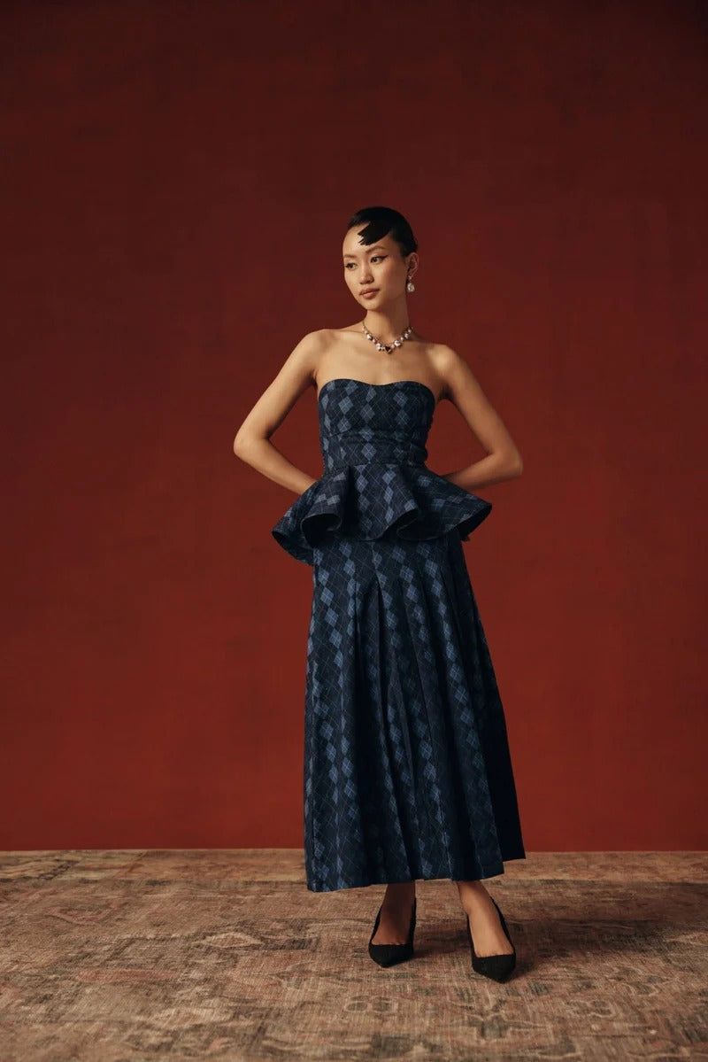 Deep Navy Cotton Linen Argyle Top