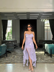 Luxury Sheath Georgette Lavender Ruffled Maxi Dress