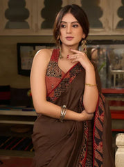 Brown Cotton Ajrakh Saree with Patchwork