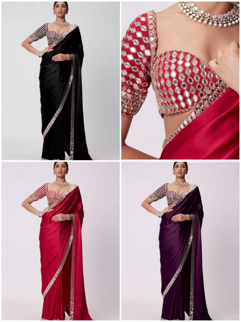 Red French Crepe Silk Mirror Luxe Saree with blouse