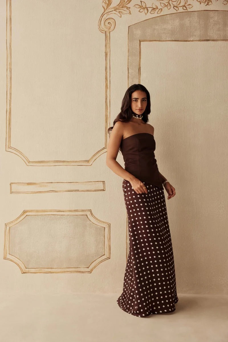 Chocolate Brown Hammer Satin Polka Dot Skirt