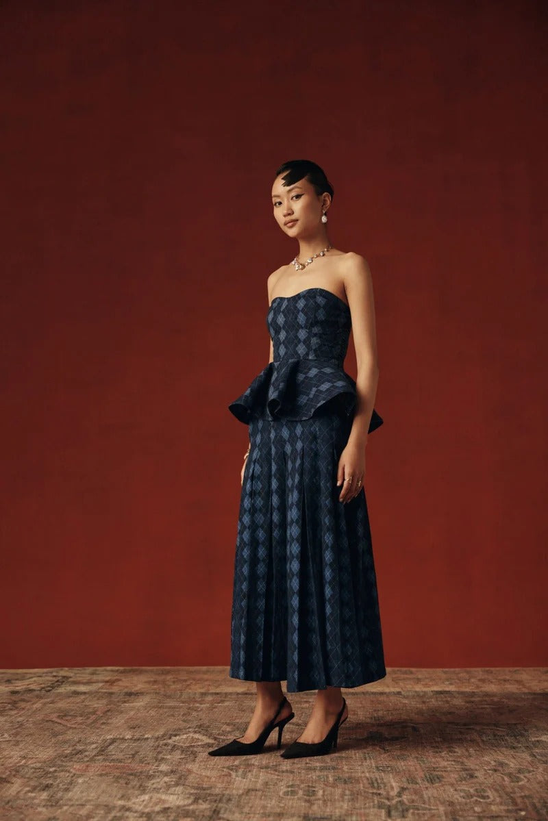 Deep Navy Cotton Linen Argyle Top