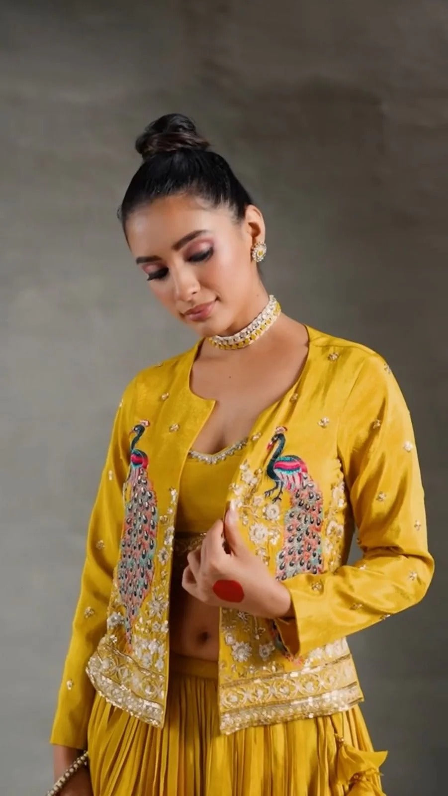 Yellow Chinon Sequins Work Lehenga Set