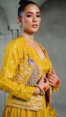 Yellow Chinon Sequins Work Lehenga Set