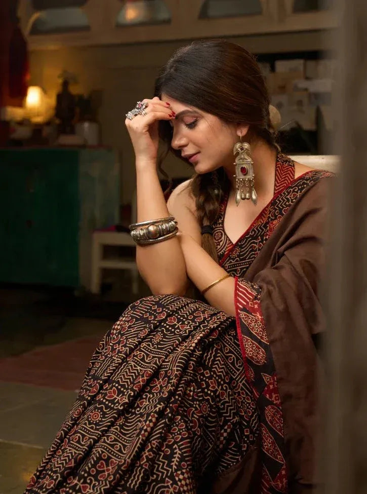 Brown Cotton Ajrakh Saree with Patchwork