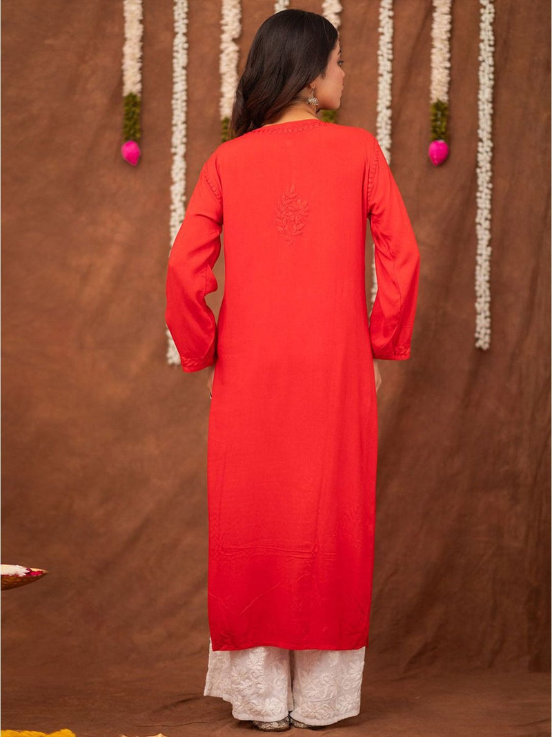 Red Floral Chikankari Straight Kurta