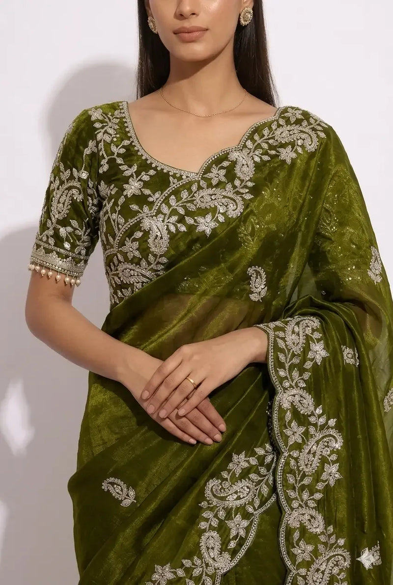 Olive Grace Embroidered Tissue Saree with Designer Blouse