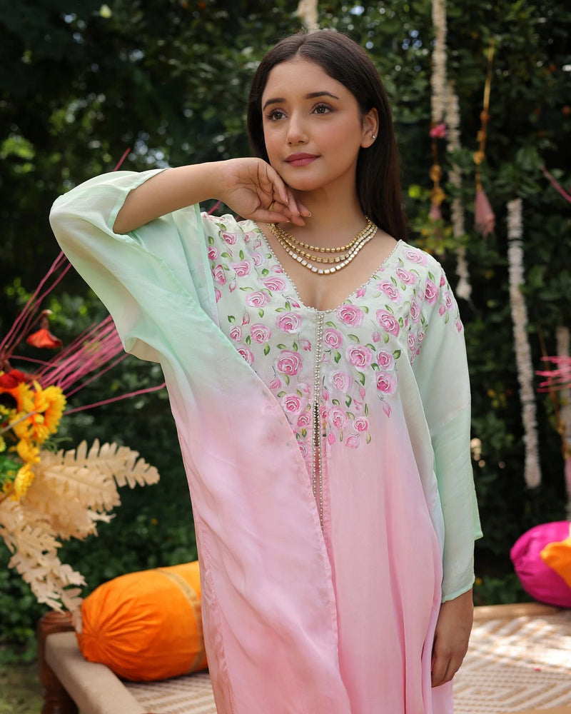 Silk Baby Pink Ombre Kaftan Set