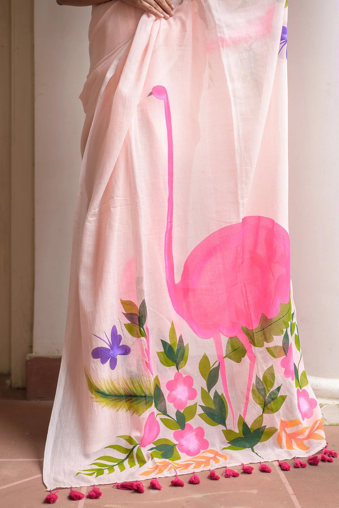 Pink Mulmul Cotton Hand-Painted Saree