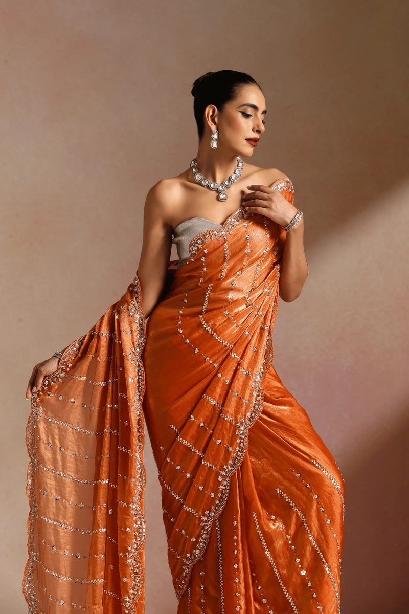 Saffron Organza Embellished Ready To Wear Saree