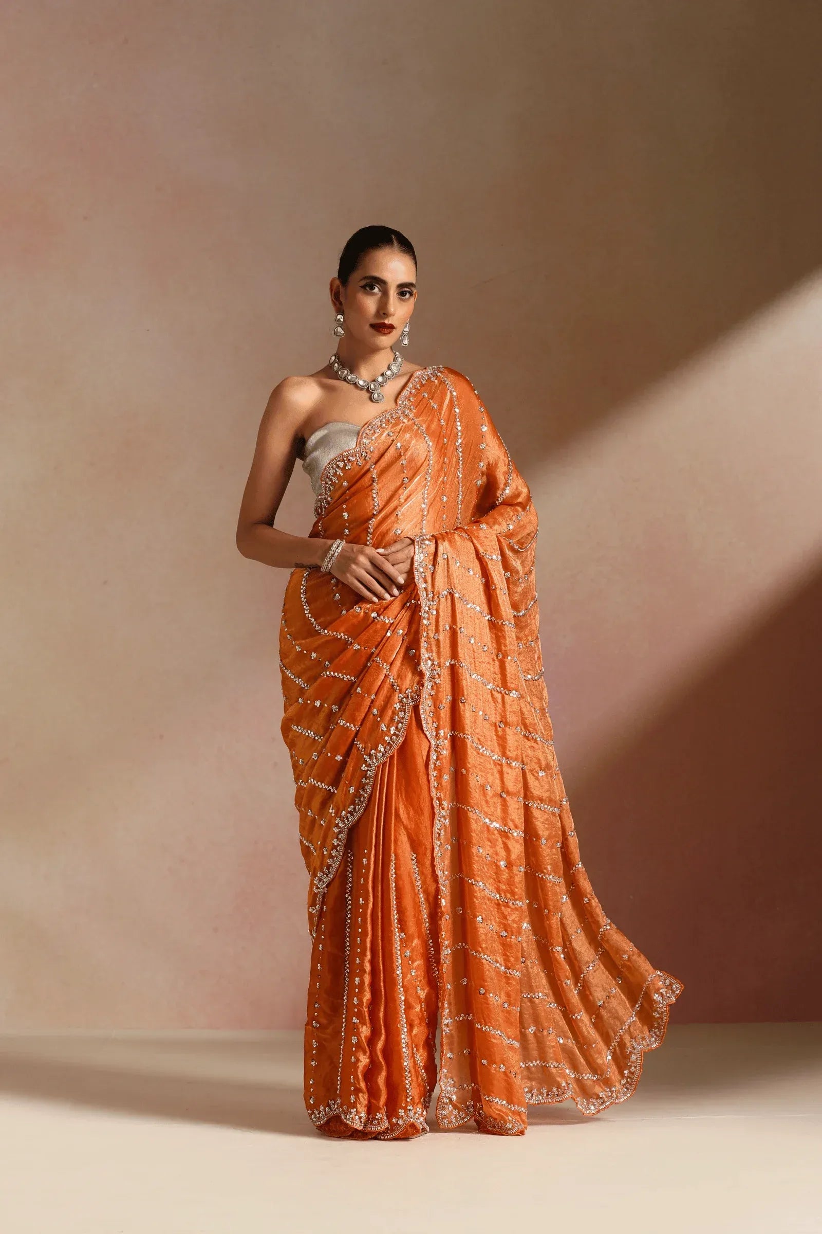 Saffron Organza Embellished Ready To Wear Saree