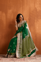 Emerald Green Tissue Pre-Stitched Saree