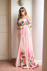 Pink Mulmul Cotton Hand-Painted Saree