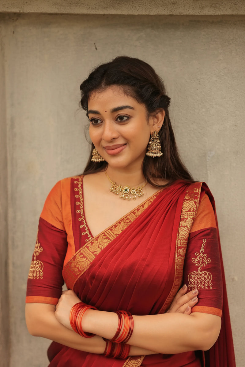 Padmaja Cotton Half Saree in Orange & Red - Skirt and Blouse stitched
